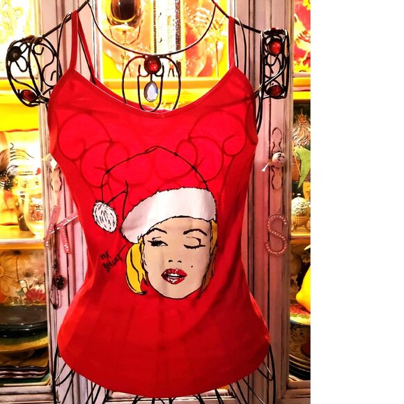 Vintage Betsey Johnson Y2K Marilyn Monroe Wink Christmas Santa Hat Tank Top L - Picture 1 of 8